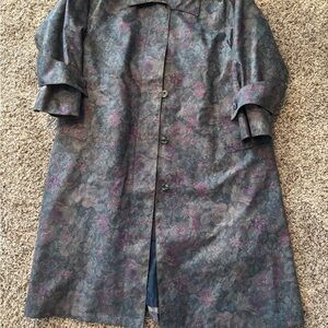 London Fog Floral Trench Coat - Blue, gray and fushia